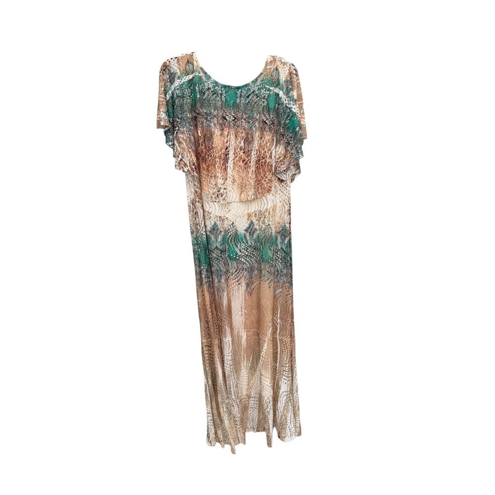Boho Chic Perforated Maxi Dress XL Green Cream Beige Prairie Hippie Flowy Long - Picture 6 of 7